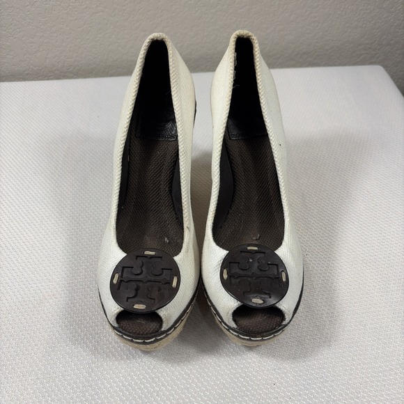 TORY BURCH Platform/ Wedge Canvas Peep Hole Heels 6.5M